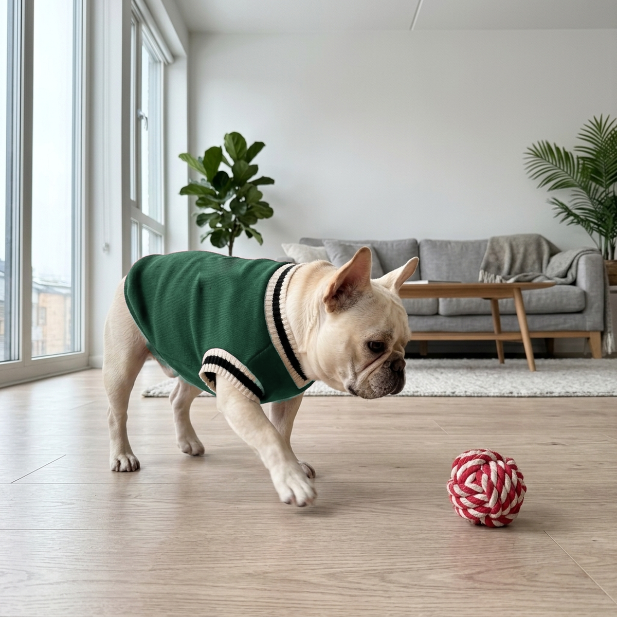 Hond met een groene V-hals trui speelt binnen met een bal