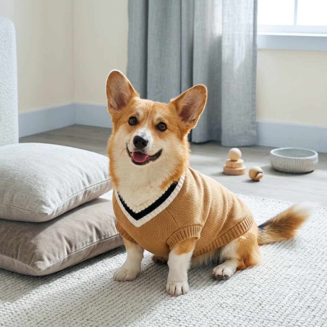 Welsh corgi draagt de hondentrui met V-hals in okergeel, zittend op een vloerkleed