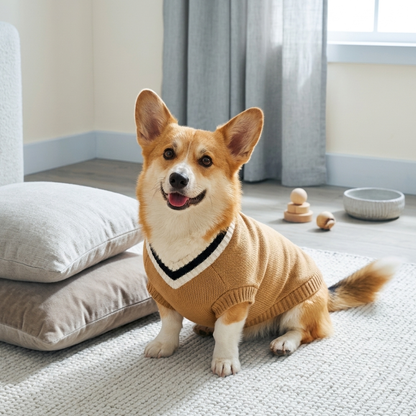 Welsh corgi draagt de hondentrui met V-hals in okergeel, zittend op een vloerkleed