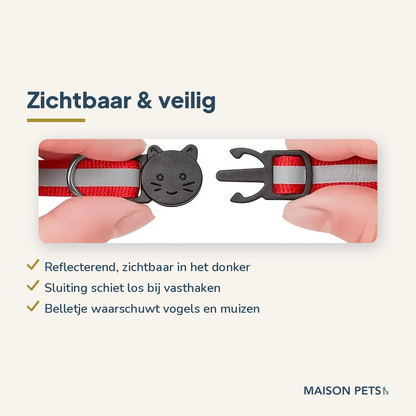 Reflecterende kattenhalsband — zichtbaar in het donker, breakaway-sluiting en belletje tegen jagen
