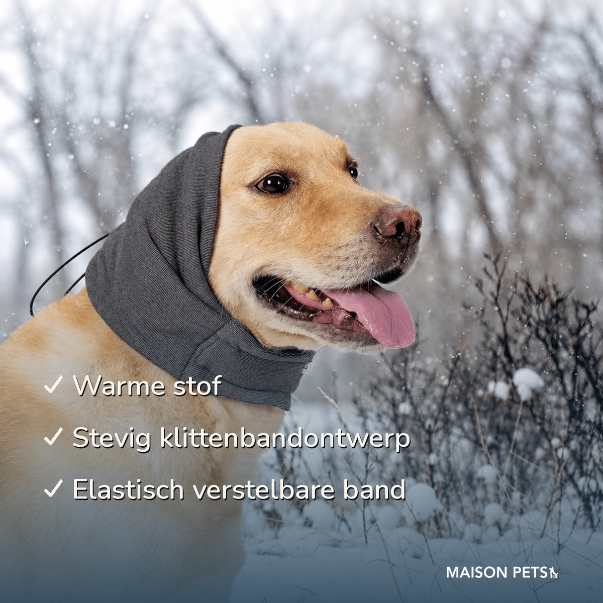 Warme oorbeschermers hond grijs — labrador in sneeuw met kenmerken: warme stof, klittenband, verstelbare band