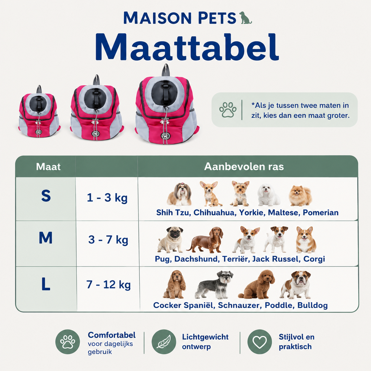 PetBag rugzak hond en kat maattabel: maat S 1–3 kg, M 3–7 kg, L 7–12 kg met aanbevolen hondenrassen