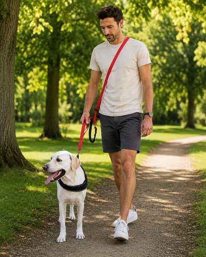 Multifunctionele hondenriem rood hands-free over schouder gedragen — labrador en baas wandelen in park