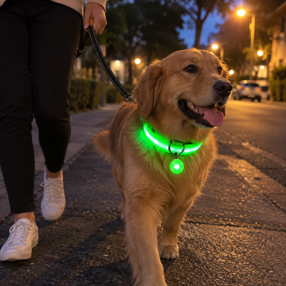 Hond met groene led halsband en oplichtende hanger tijdens avondwandeling in het donker