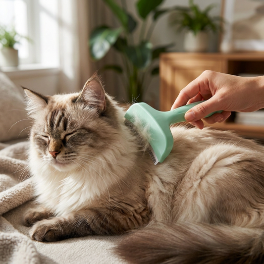 Ondervachtkam groen in gebruik — hand kamt langharige kat op bank in woonkamer