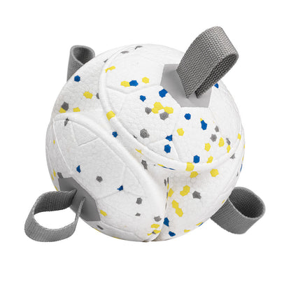 Hondenbal E-TPU wit met blauw-geel stippenprint — bijtbestendig apporteerspeelgoed voor honden