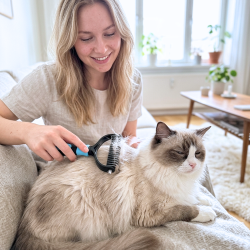 Ontwarringskam hond en kat in gebruik — vrouw borstelt langhaar witte kat ontspannen op de bank