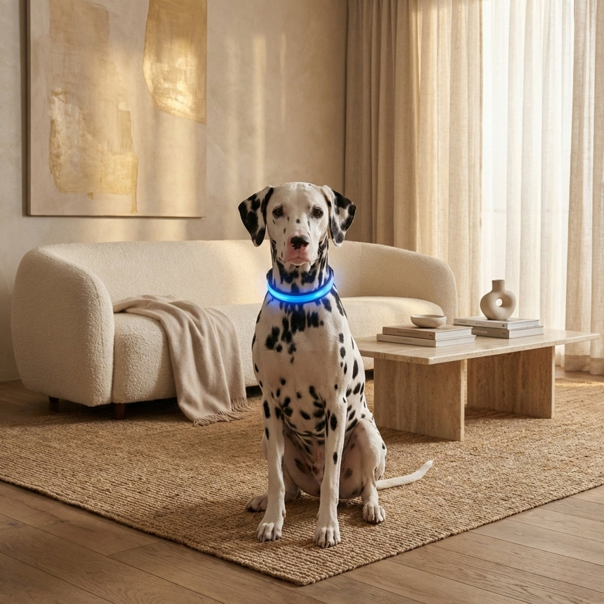 LumiGuard LED halsband hond blauw om de nek van een dalmatiër in een warme woonkamer — zittend op een tapijt