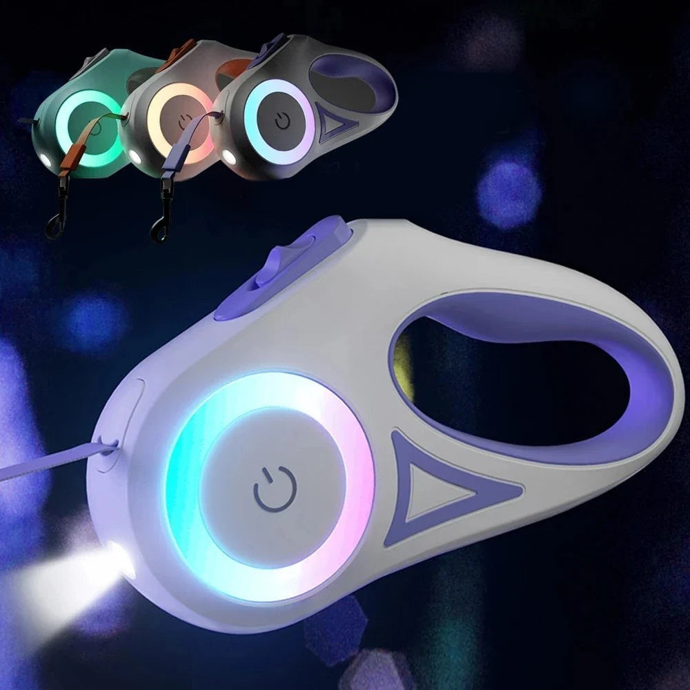 LumiTrail LED hondenlijn 5 meter paars-wit met RGB LED-ring en zaklamp — kleurenoverzicht met groen en oranje varianten
