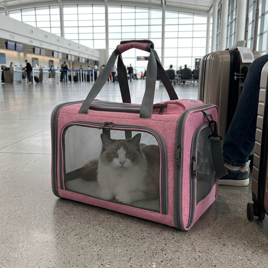 Opvouwbare draagtas kat en hond roze met kat erin op luchthaven naast koffer — reizen met huisdier