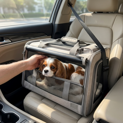 Opvouwbare draagtas kat en hond grijs met hond op autostoel — veiligheidsgordel bevestigd aan tas