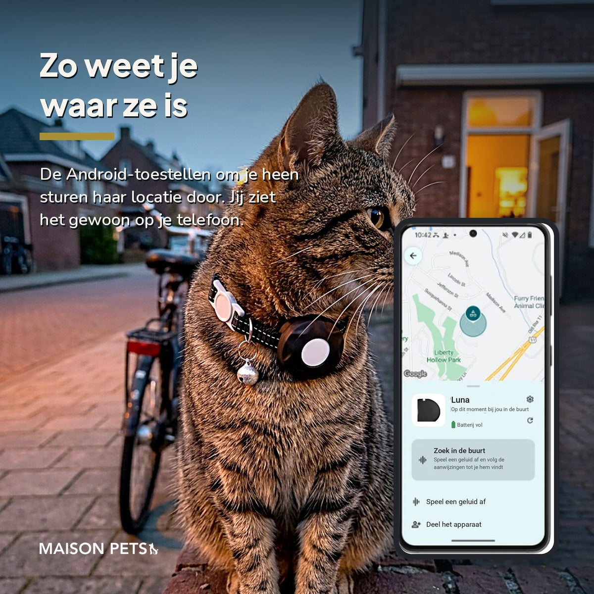 PawFind kattenhalsband met tracker — tabbykat op straat draagt halsband met tracker, naast smartphone met kaartlocatie