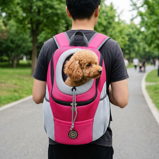 PetBag rugzak hond en kat rozerood — poodle kijkt uit de opening tijdens wandeling in park