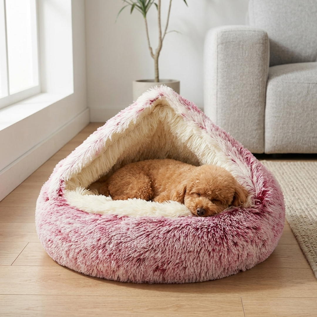 PetNest honden- en kattenbed roze tie-dye met kleine goudkleurige hond — slapend opgerold onder de kap in woonkamer