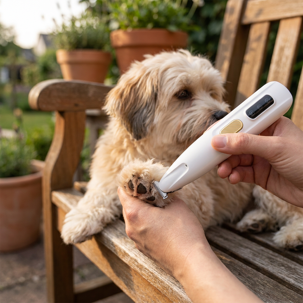 PetTrim trimmer hond en kat in gebruik — witte trimmer trimt haar tussen tenen van lichtbeige hond buiten op houten bank