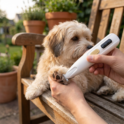 PetTrim trimmer hond en kat in gebruik — witte trimmer trimt haar tussen tenen van lichtbeige hond buiten op houten bank