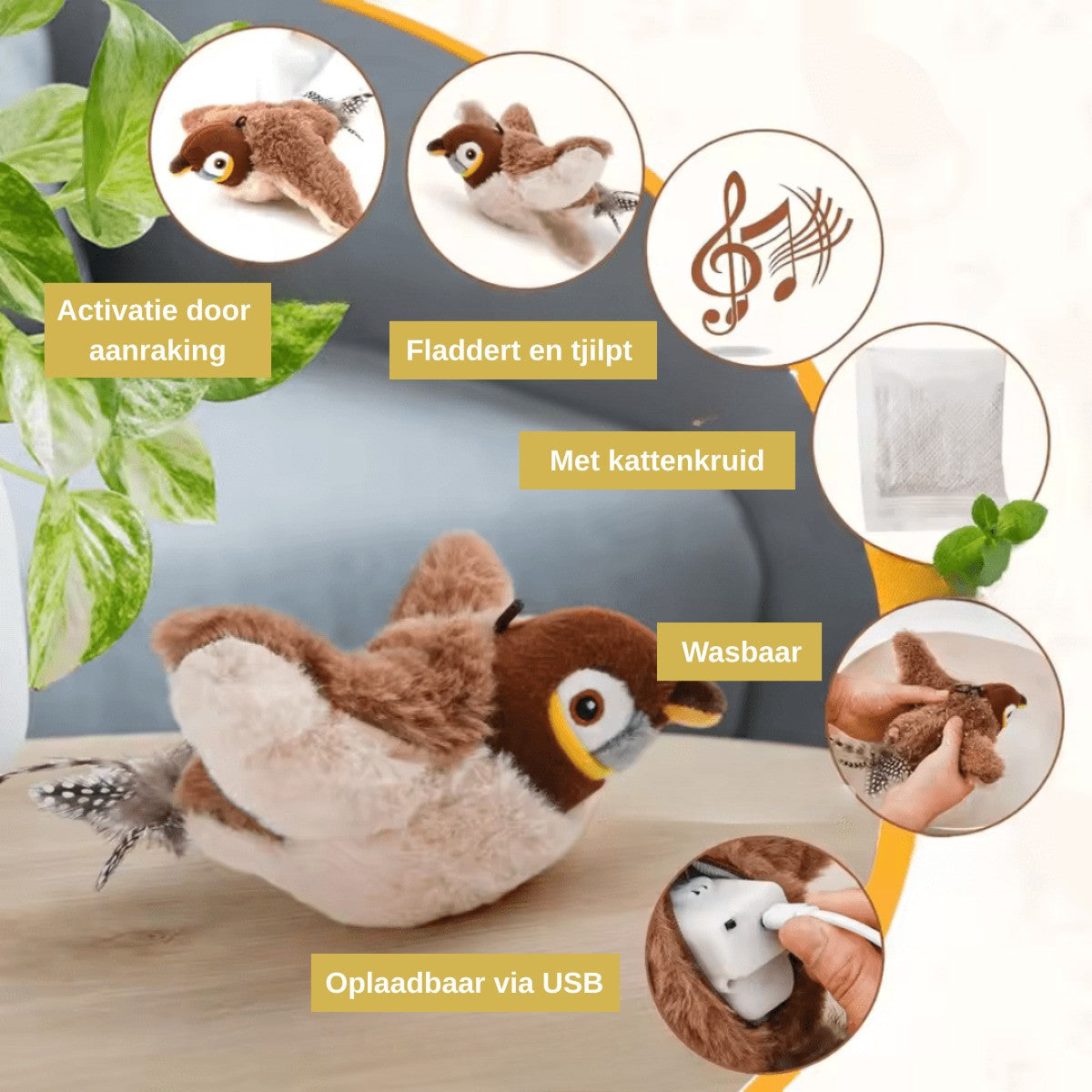 Birdie kattenspeelgoed infographic — aanraakactivatie, fladdert en tjilpt, kattenkruid, wasbaar, USB-oplaadbaar