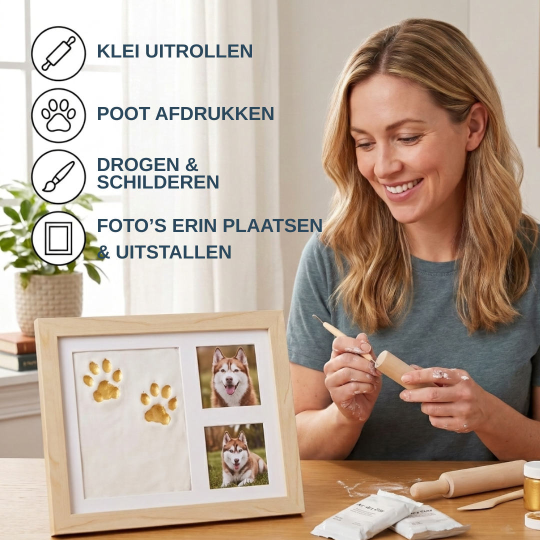 Pootafdruk kleiset instructiestappen — klei rollen, poot drukken, laten drogen, foto's plaatsen
