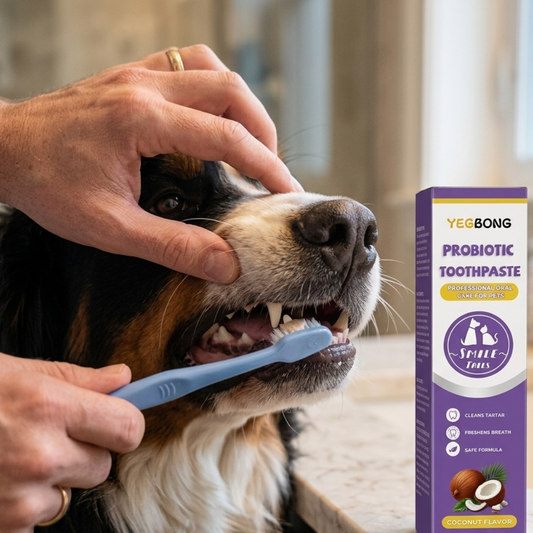 Probiotische tandpasta hond en kat — hond krijgt tanden gepoetst met blauwe borstel, verpakking rechts