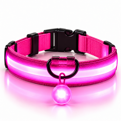 Roze led halsband met oplichtende hanger en verstelbare nylon band op witte achtergrond
