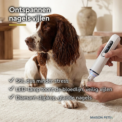 TrimZen elektrische nagelvijl hond en kat bij springer spaniel — infographic met drie voordelen stil vijlen