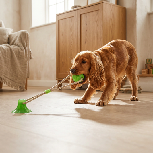 Zuignap-trekspeeltje hond met groene zuignap op vloer — cocker spaniel trekt aan touwbal in woonkamer