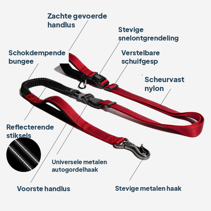 Multifunctionele hondenriem — functieoverzicht met schokdempende bungee, autogordelhaak en snelontgrendeling