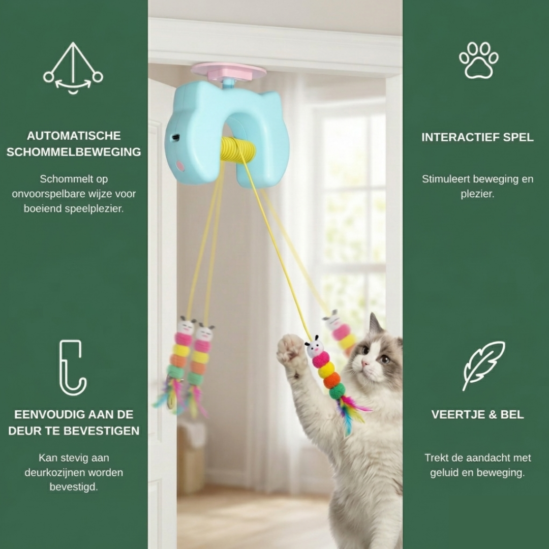 HuntHanger kat speelt aan deur — veilig alleen thuis, geen krassen op meubels