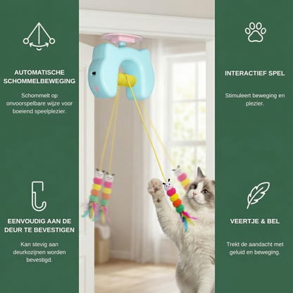 HuntHanger kat speelt aan deur — veilig alleen thuis, geen krassen op meubels