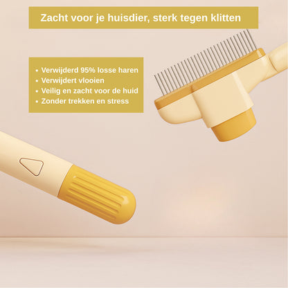 Groomly kam hond en kat crème-geel, voor- en achterkant zwevend — infographic met kenmerken waaronder vlooienverwijdering