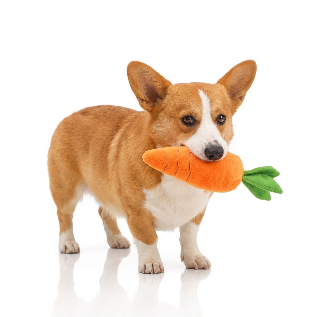 Wortel piepspeelgoed hond — corgi draagt oranje pluche wortelspeelgoed in zijn bek op witte achtergrond
