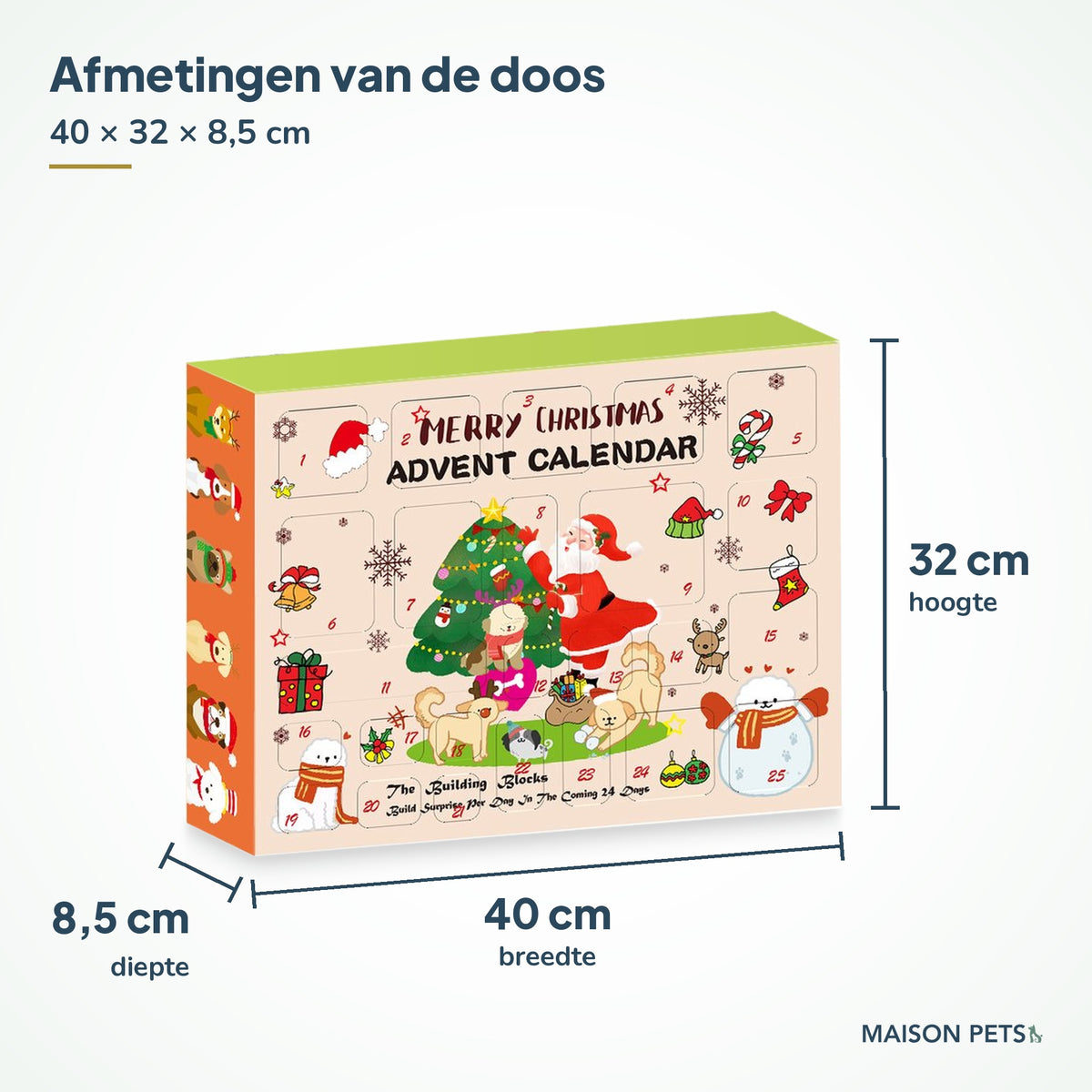 Adventskalender hond: afmetingen van de doos, 40 cm breed, 32 cm hoog en 8,5 cm diep