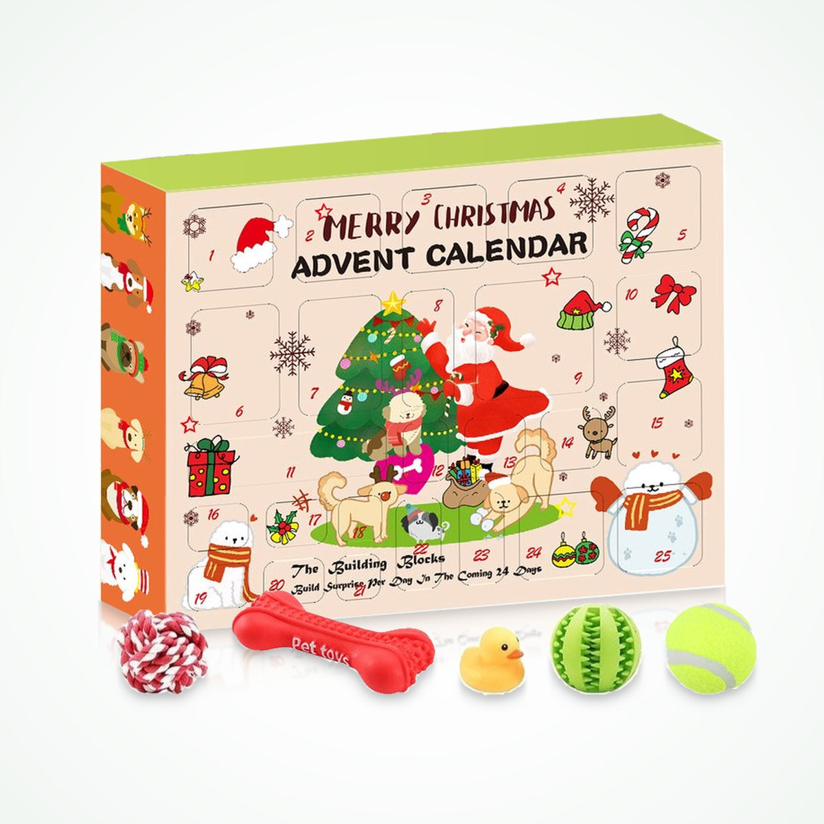 Adventskalender hond met touwbal, rubberen bot, eend en twee ballen uit de doos