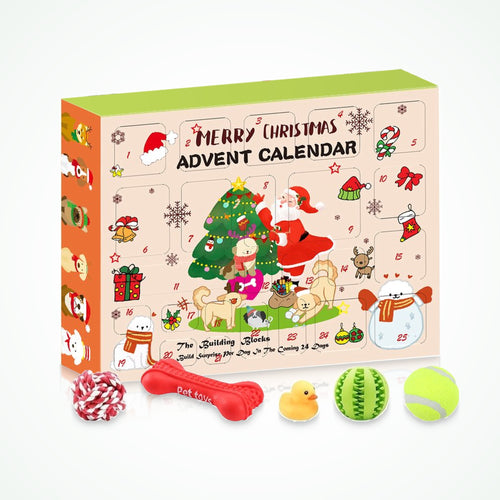 Adventskalender hond met touwbal, rubberen bot, eend en twee ballen uit de doos