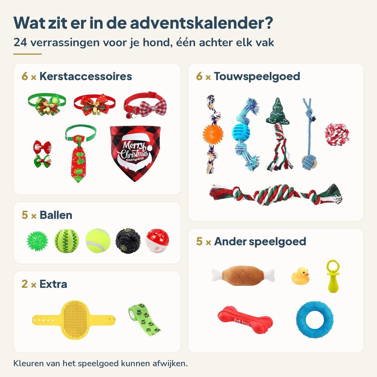 Inhoud adventskalender hond: 24 stuks touwspeelgoed, ballen, ander speelgoed en kerstaccessoires