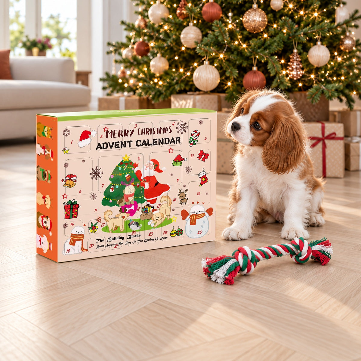 Adventskalender hond naast een Cavalier-pup bij de kerstboom, met touwspeelgoed op de vloer