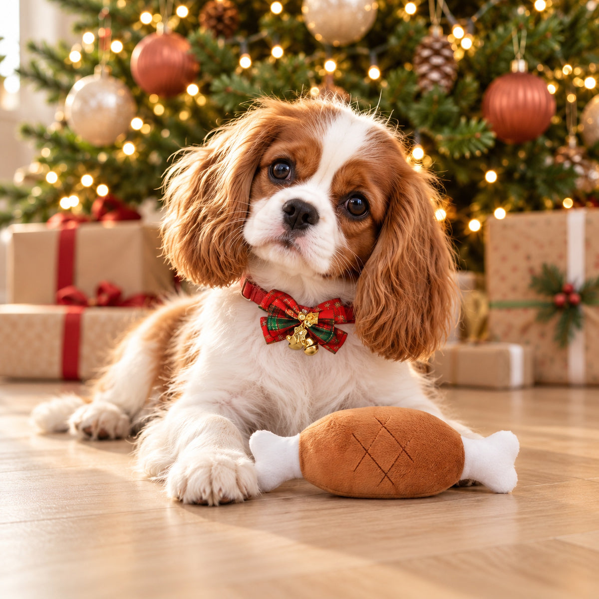 Cavalier-pup met kerststrik en kipknuffel uit de adventskalender hond, liggend voor de kerstboom