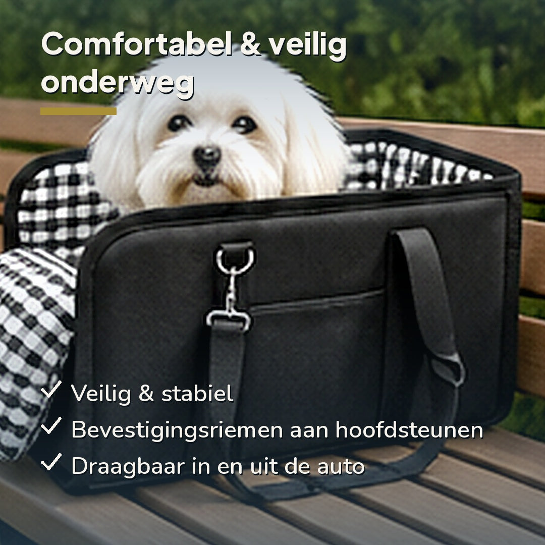 Autostoel & draagtas hond en kat — USP-infographic: witte hond in zwarte tas, veilig en draagbaar onderweg