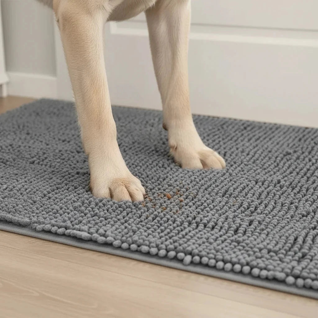 Droogloopmat hond — hondenpoten op de chenille lussen van dichtbij