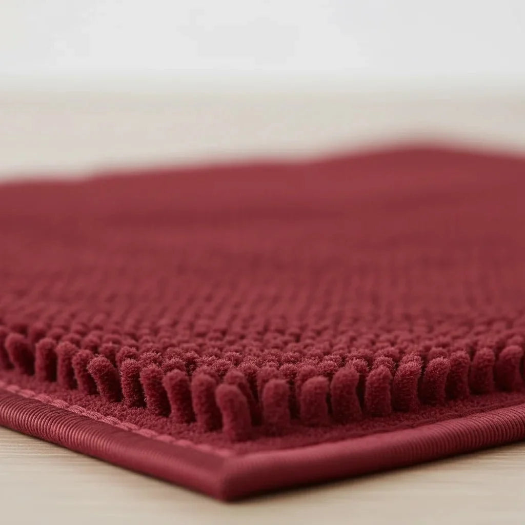 Droogloopmat hond rood — chenille lussen en afgewerkte rand van dichtbij