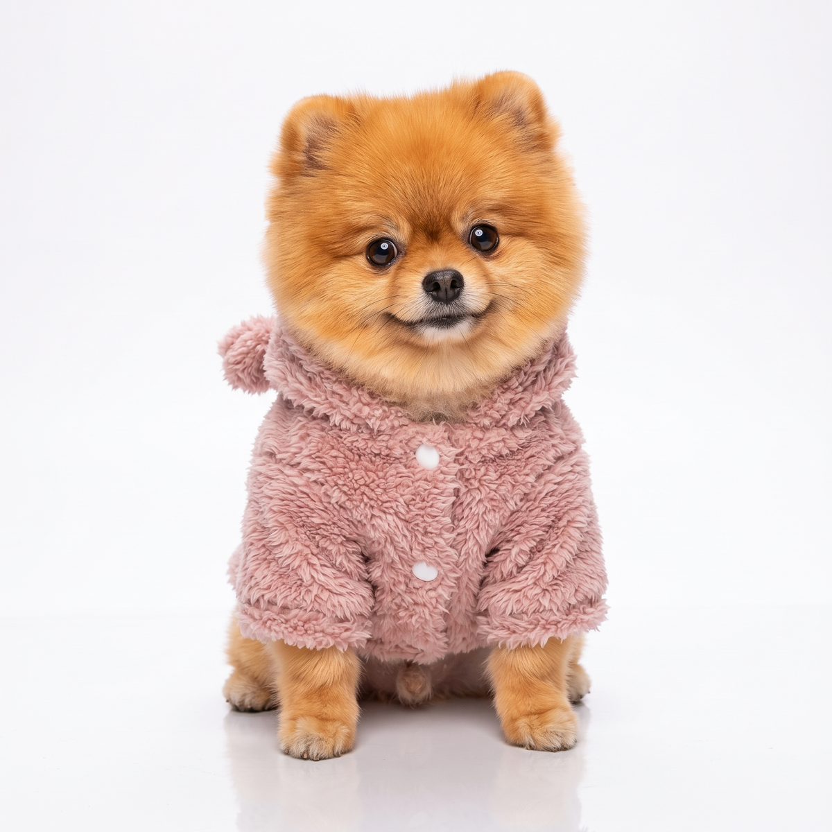 Voorkant van de fleece hondentrui met capuchon in roze, met twee knopen, gedragen door een pomeriaan