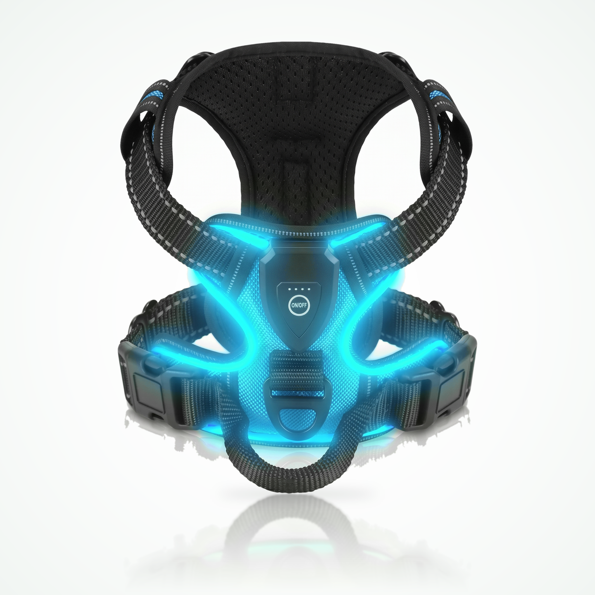 Oplaadbaar lichtgevend hondentuig in blauw met LED-verlichting, bedieningsmodule, D-ring en handvat