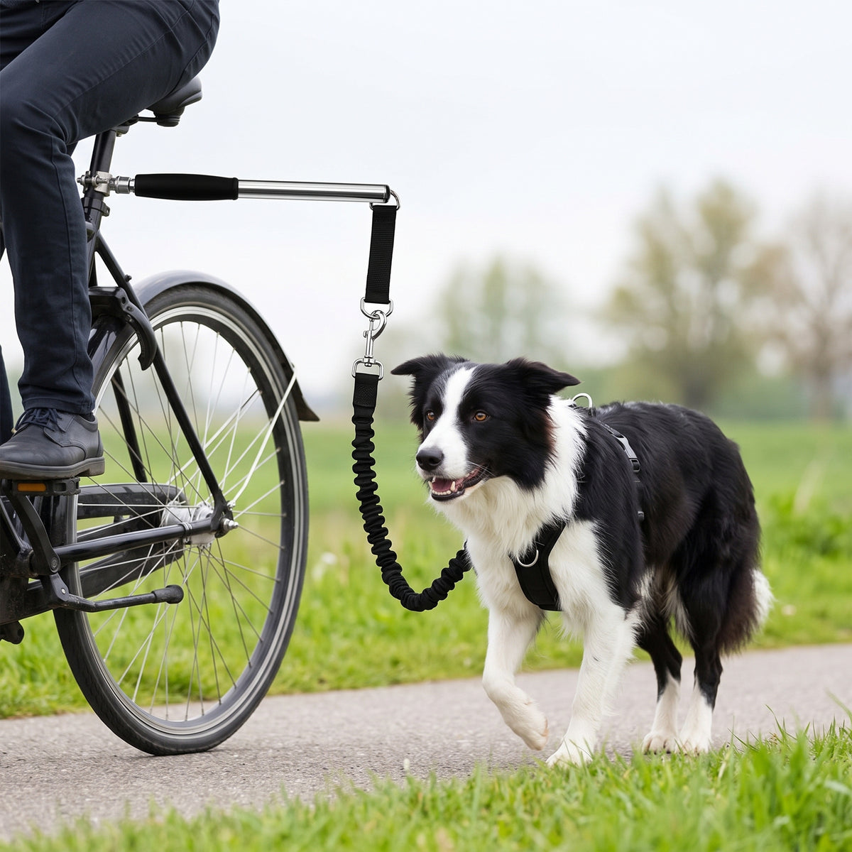 Fietsbeugel hond handsfree — border collie draaft aan de stang naast een fiets op een dijkpad