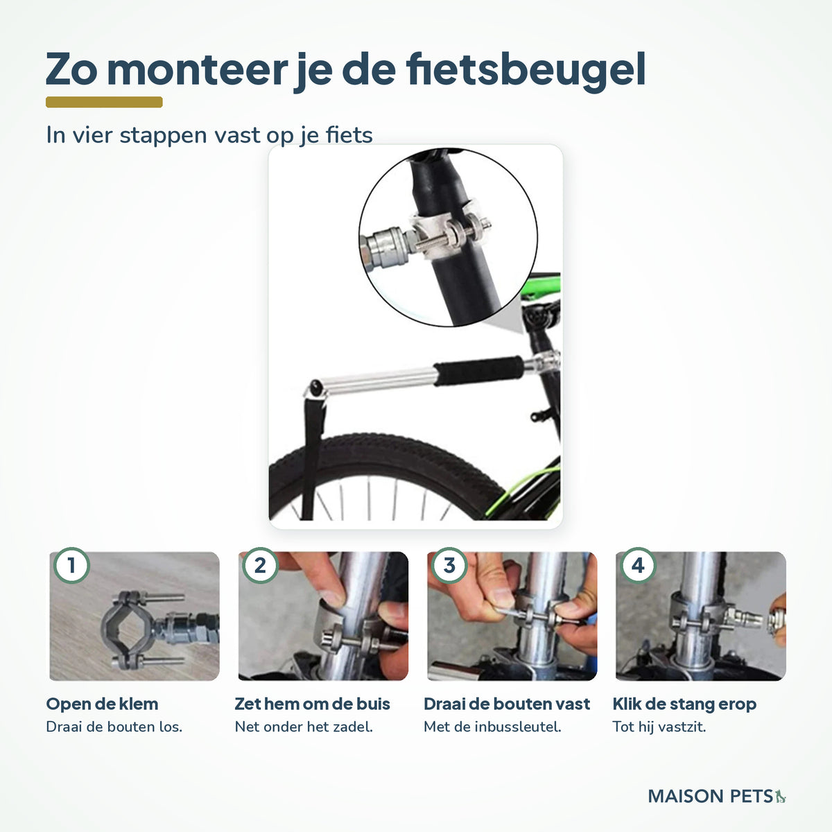 Fietsbeugel hond handsfree — montage van de stang aan de fiets in stappen