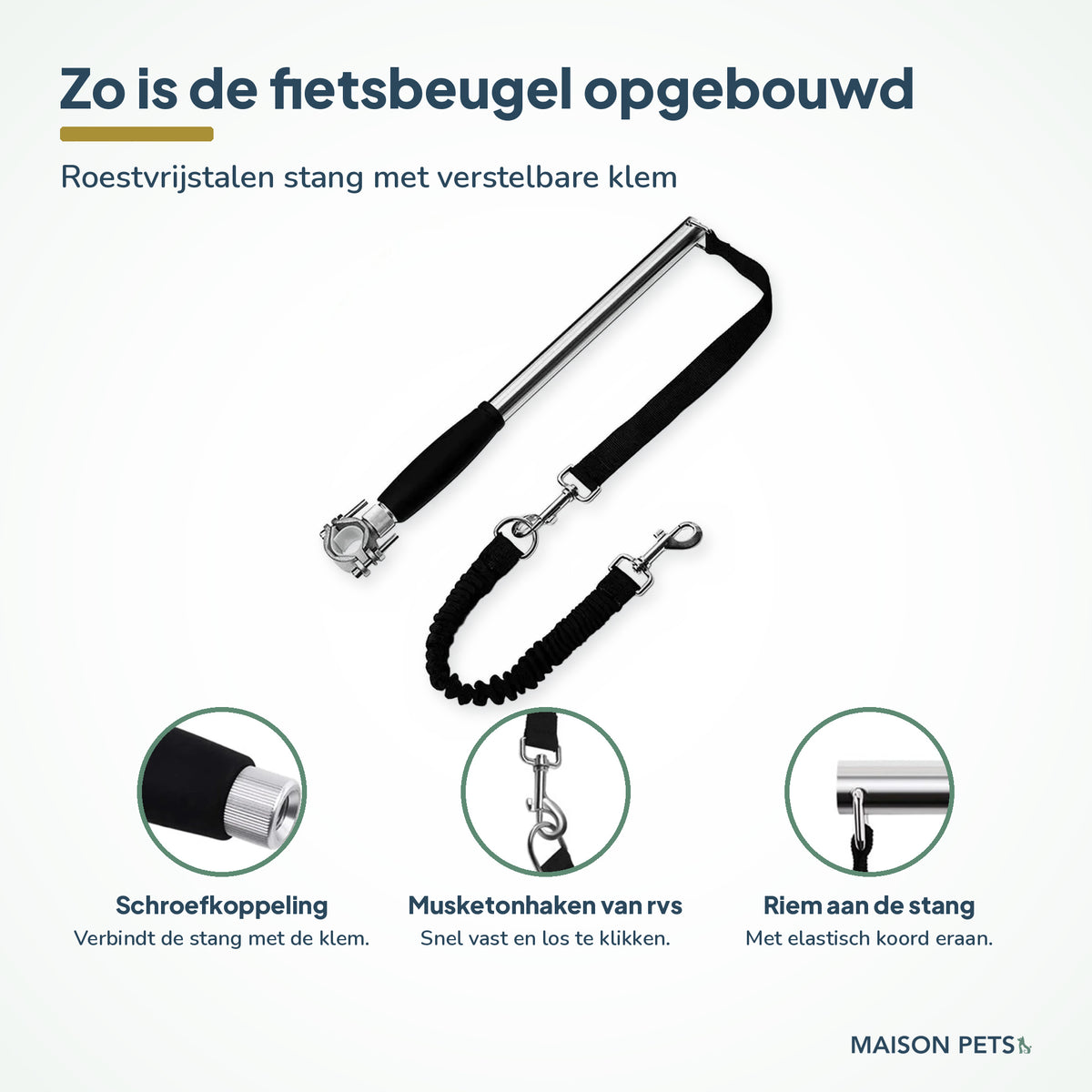 Fietsbeugel hond handsfree — opbouw van de stang met klem, elastisch koord en musketonhaak