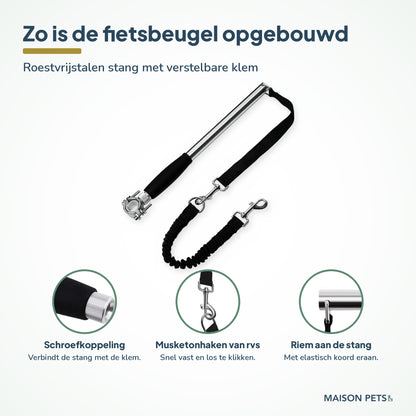 Fietsbeugel hond handsfree — opbouw van de stang met klem, elastisch koord en musketonhaak
