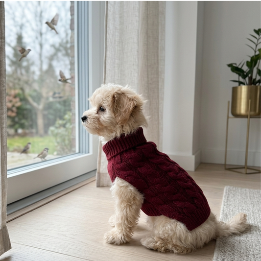 Gebreide hondentrui met col in rood — kleine hond zit bij het raam en kijkt naar buiten
