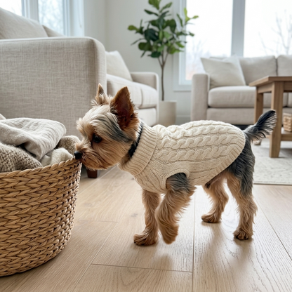 Gebreide hondentrui met col in wit — kleine hond snuffelt aan een rieten mand in de woonkamer