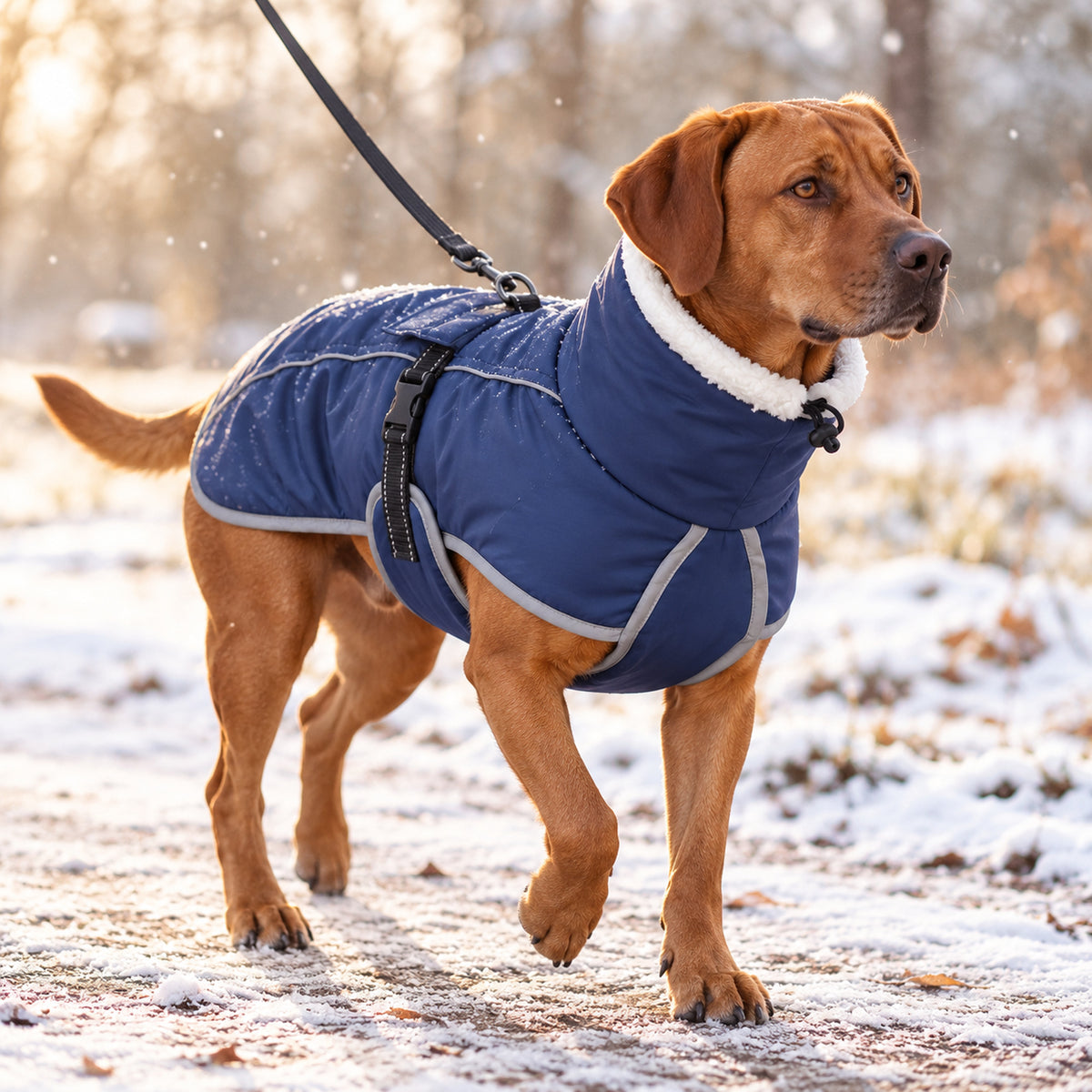 Gevoerde hondenjas met hoge kraag in donkerblauw — grote hond aan de lijn op besneeuwde pad in winterlandschap