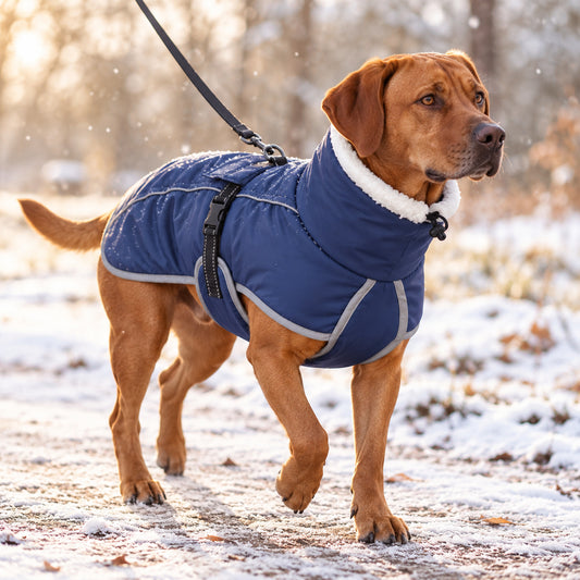Gevoerde hondenjas met hoge kraag in donkerblauw — grote hond aan de lijn op besneeuwde pad in winterlandschap